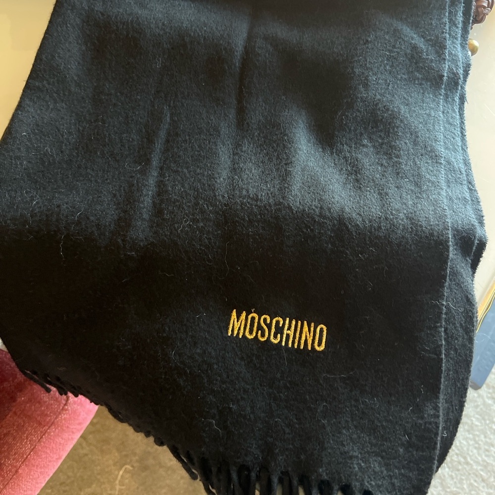 MOSCHINO Black Wool Scarf Gold Embroidered Fringe Luxury Designer Blanket Scarf - Picture 4 of 6